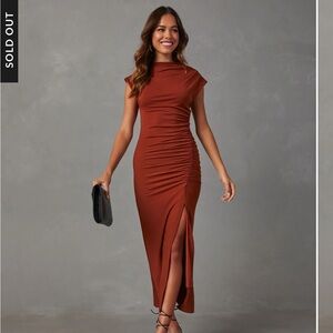 VICI Elisabeth Mock Neck Side Slit Ruched Midi Dress | Rust | Size Medium